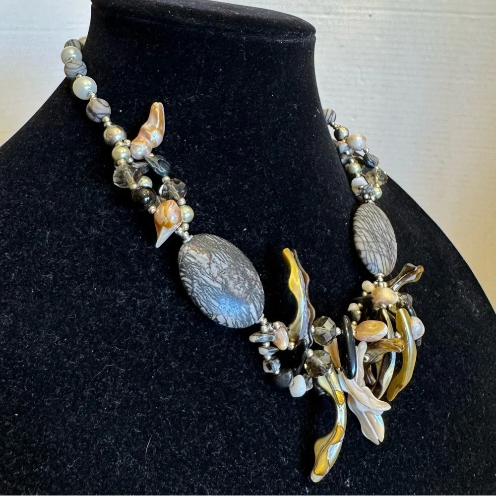 Natural Stones Necklace Abalone Shell, Zebra Jasper, Fresh Water Blister Pearls - Picture 2 of 16